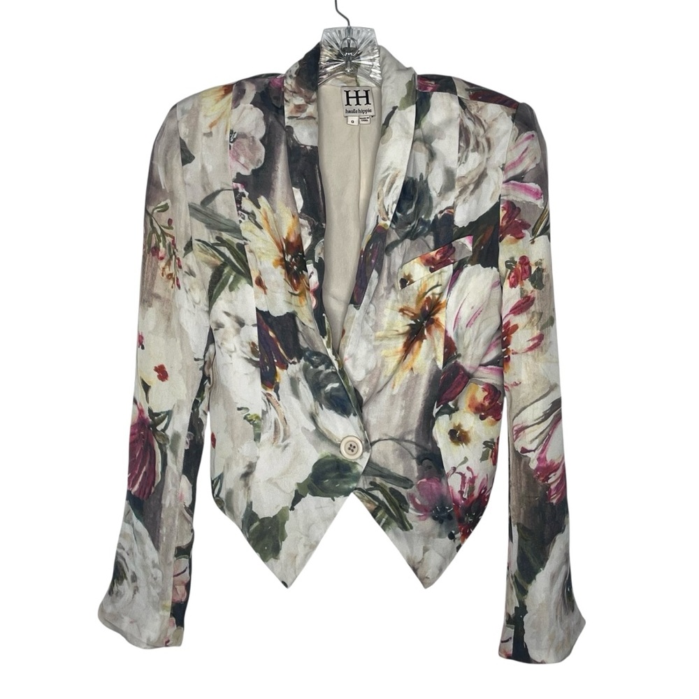 Haute Hippie Watercolor Floral Silk Cropped Jacket Blazer Size 0